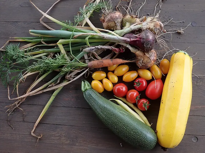 Legumes e verduras frescos sobre uma mesa de madeira