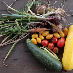Legumes e verduras frescos sobre uma mesa de madeira